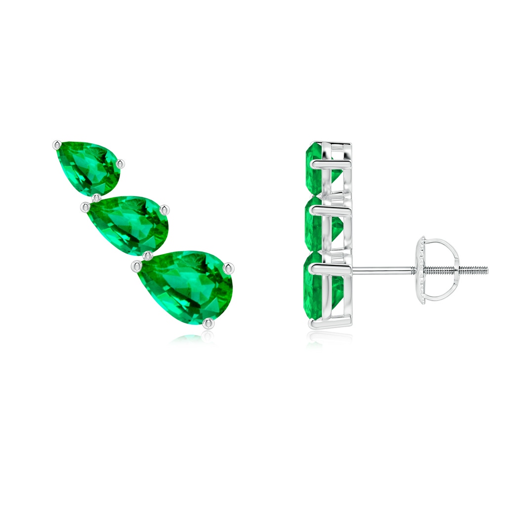 7x5mm AAA Pear-Shaped Emerald Three Stone Climber Earrings in White Gold