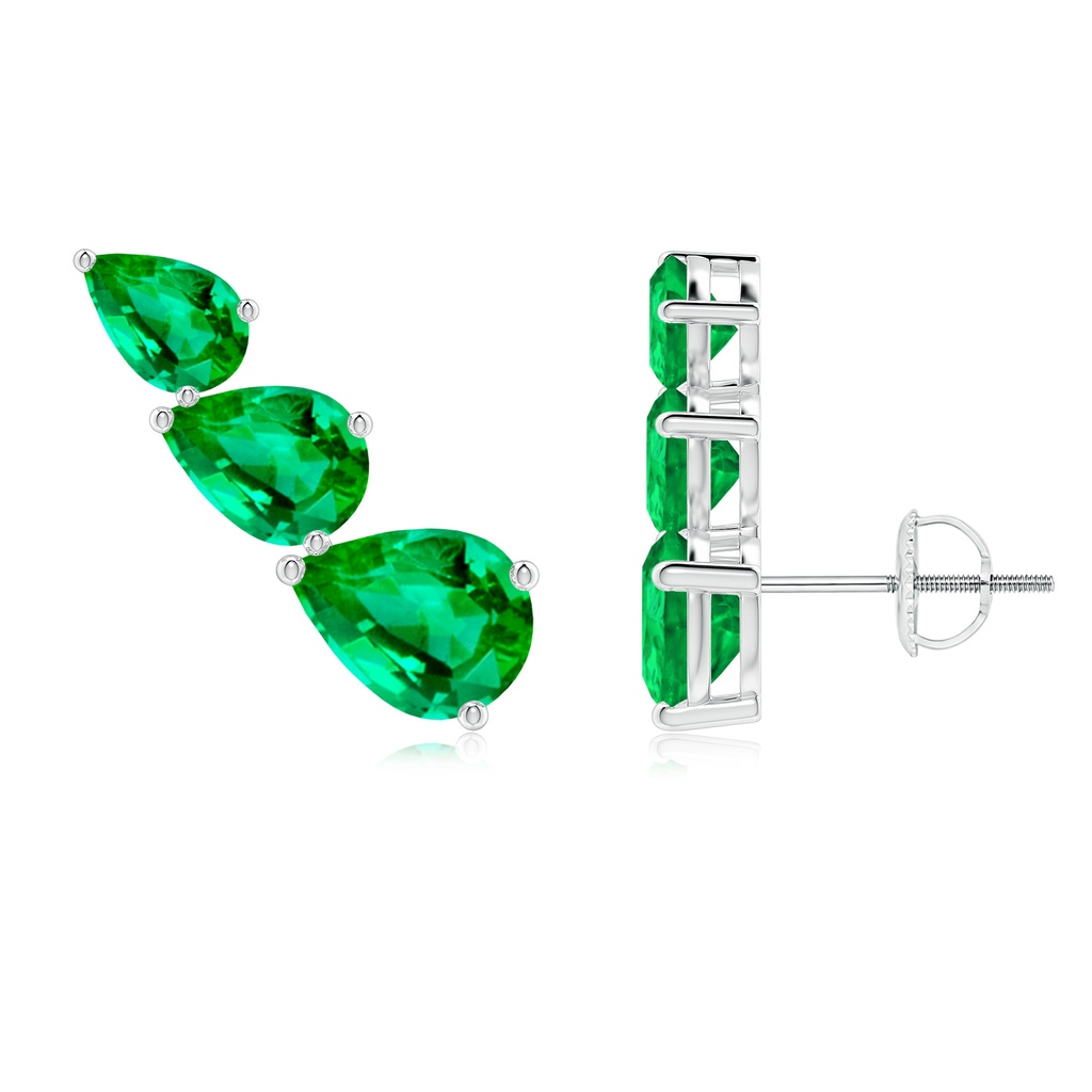 8x6mm AAA Pear-Shaped Emerald Three Stone Climber Earrings in White Gold 