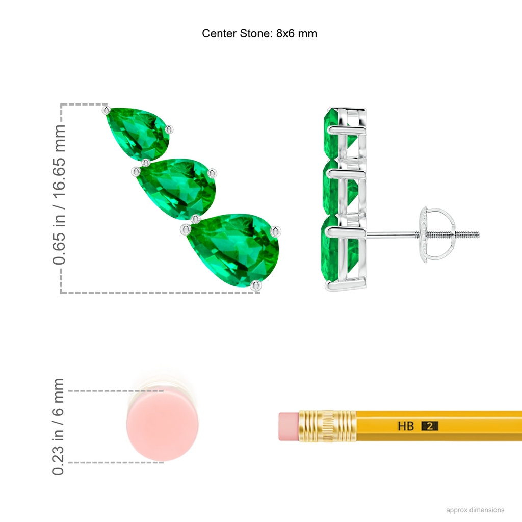 8x6mm AAA Pear-Shaped Emerald Three Stone Climber Earrings in White Gold ruler