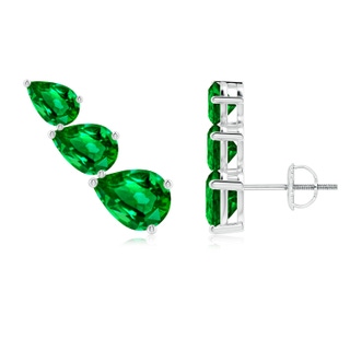 8x6mm AAAA Pear-Shaped Emerald Three Stone Climber Earrings in P950 Platinum