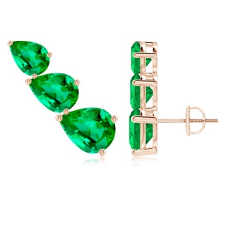 9x7mm AAA Pear-Shaped Emerald Three Stone Climber Earrings in 9K Rose Gold