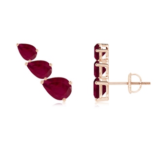 7x5mm A Pear-Shaped Ruby Three Stone Climber Earrings in 10K Rose Gold