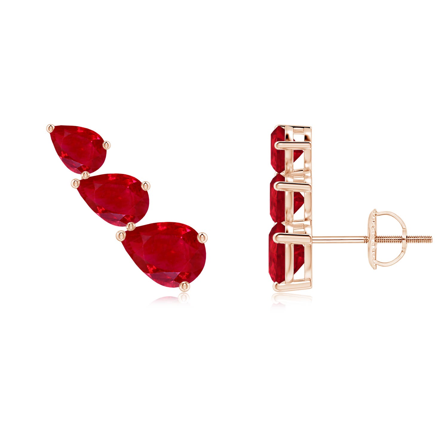 7x5mm AAA Pear-Shaped Ruby Three Stone Climber Earrings in Rose Gold