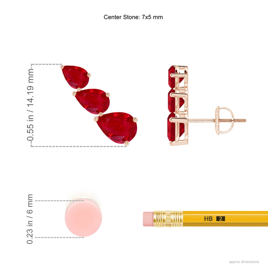 7x5mm AAA Pear-Shaped Ruby Three Stone Climber Earrings in Rose Gold ruler