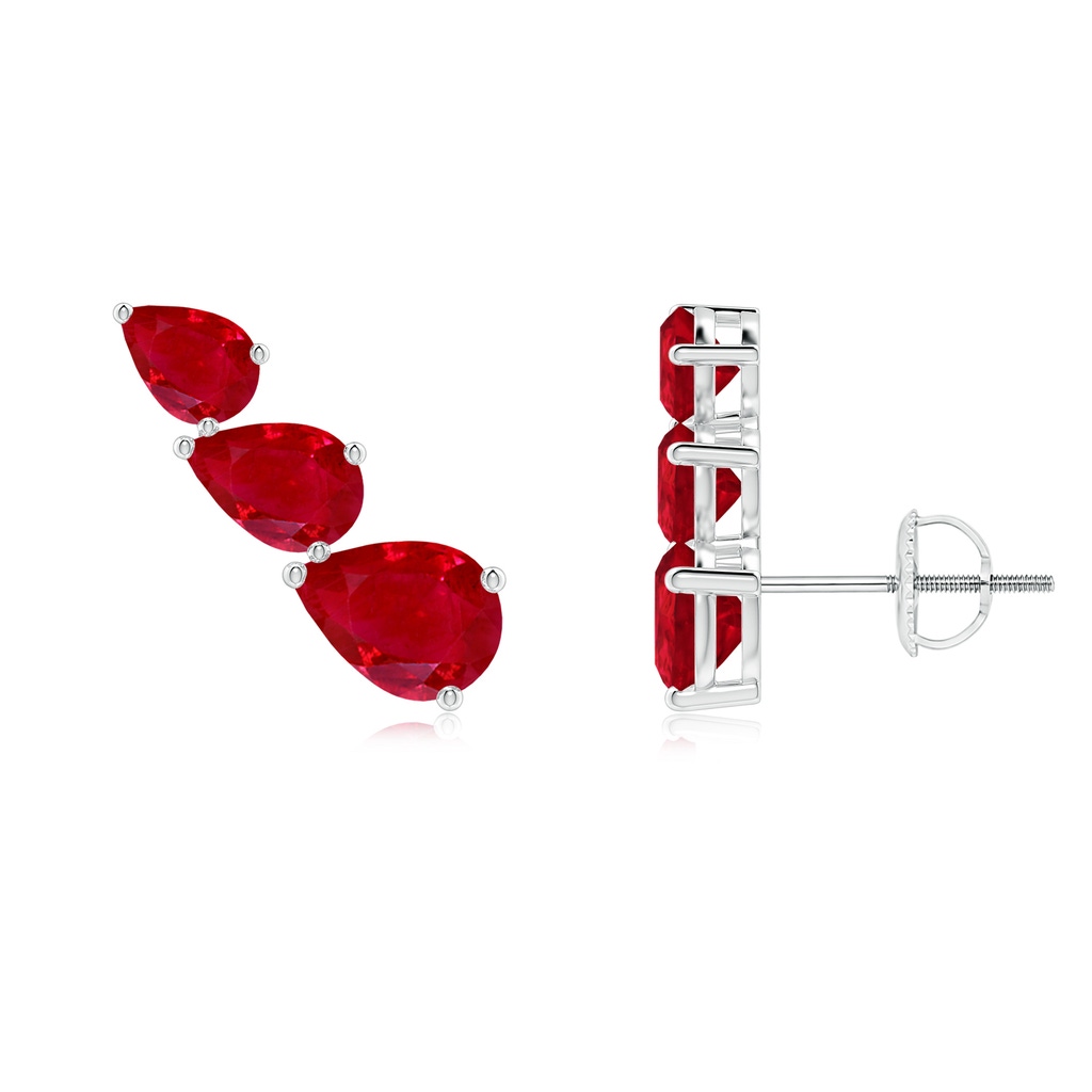 7x5mm AAA Pear-Shaped Ruby Three Stone Climber Earrings in White Gold