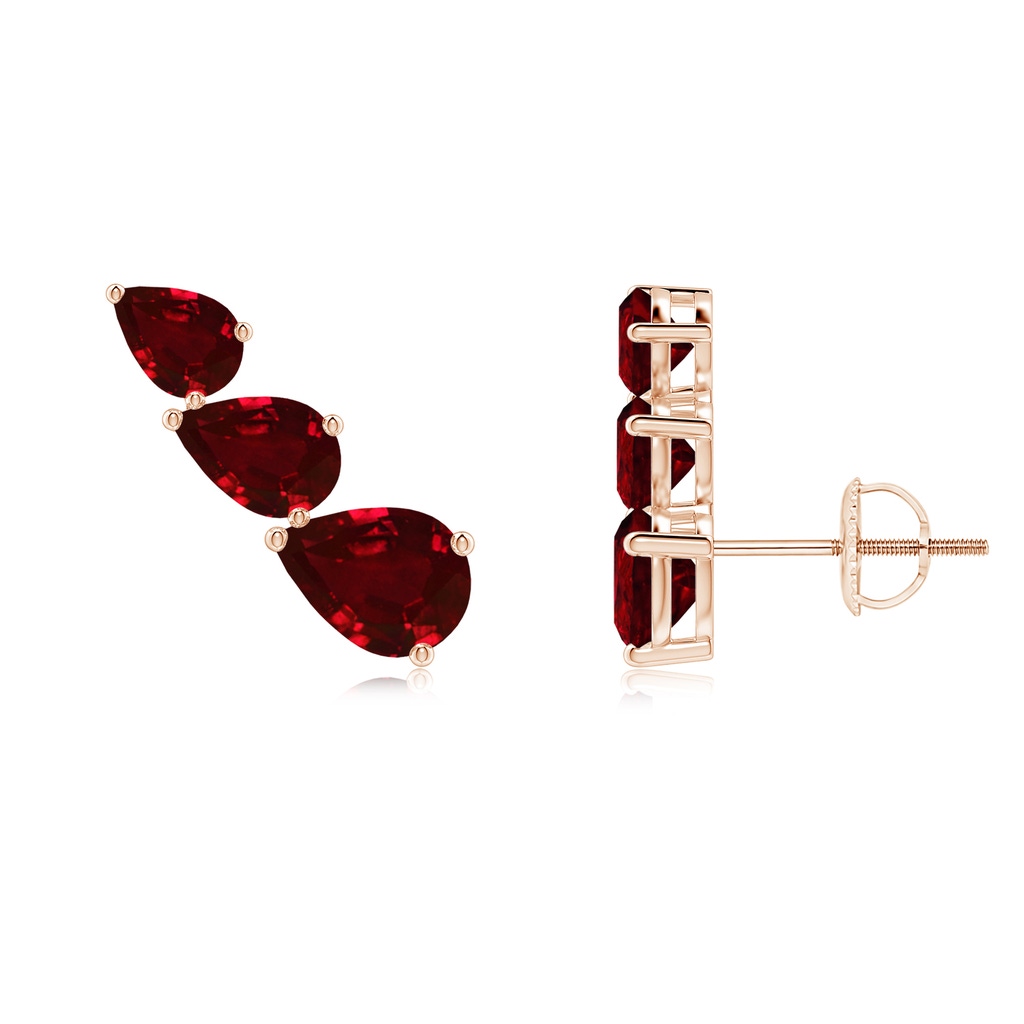 7x5mm AAAA Pear-Shaped Ruby Three Stone Climber Earrings in Rose Gold