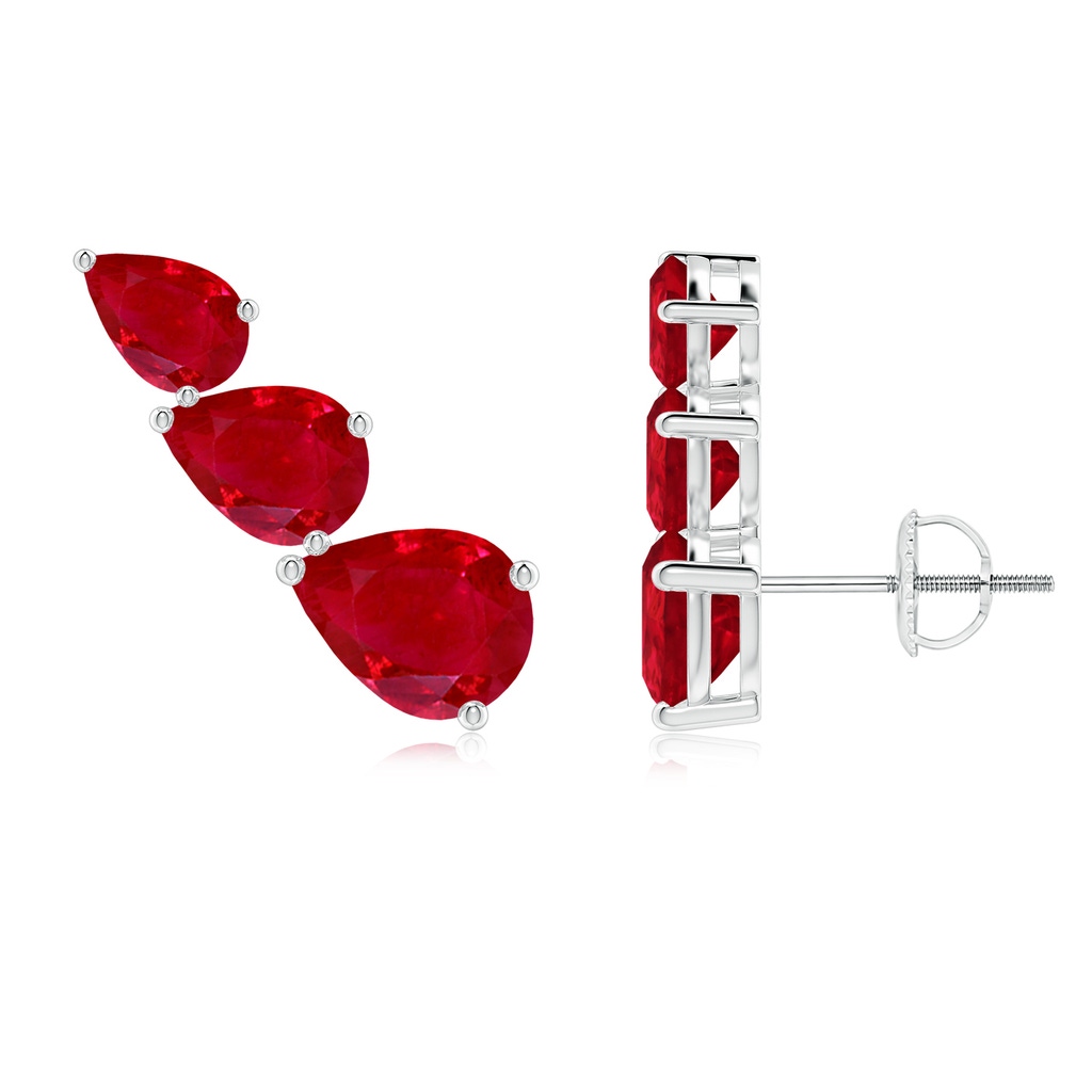 8x6mm AAA Pear-Shaped Ruby Three Stone Climber Earrings in White Gold