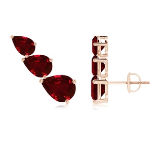 8x6mm AAAA Pear-Shaped Ruby Three Stone Climber Earrings in Rose Gold