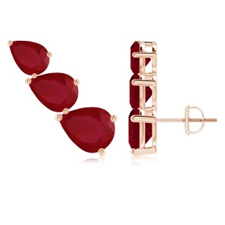 9x7mm AA Pear-Shaped Ruby Three Stone Climber Earrings in Rose Gold