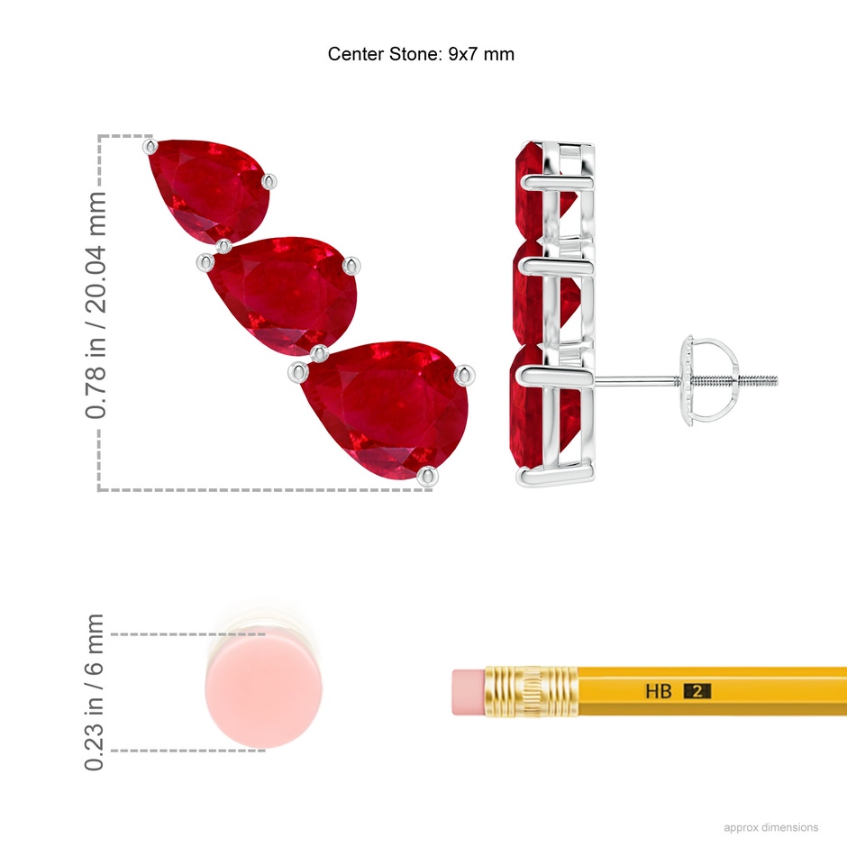 9x7mm AAA Pear-Shaped Ruby Three Stone Climber Earrings in P950 Platinum ruler