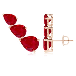 9x7mm AAA Pear-Shaped Ruby Three Stone Climber Earrings in Rose Gold