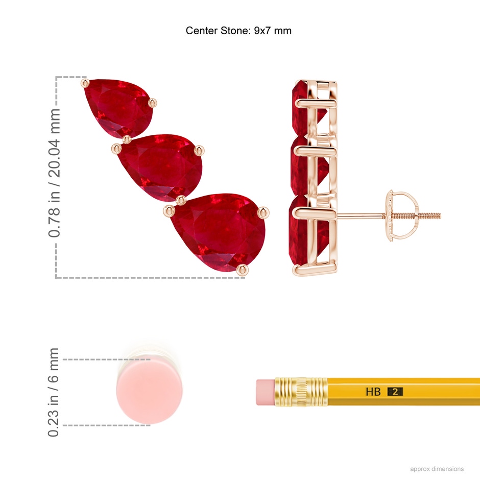 9x7mm AAA Pear-Shaped Ruby Three Stone Climber Earrings in Rose Gold ruler