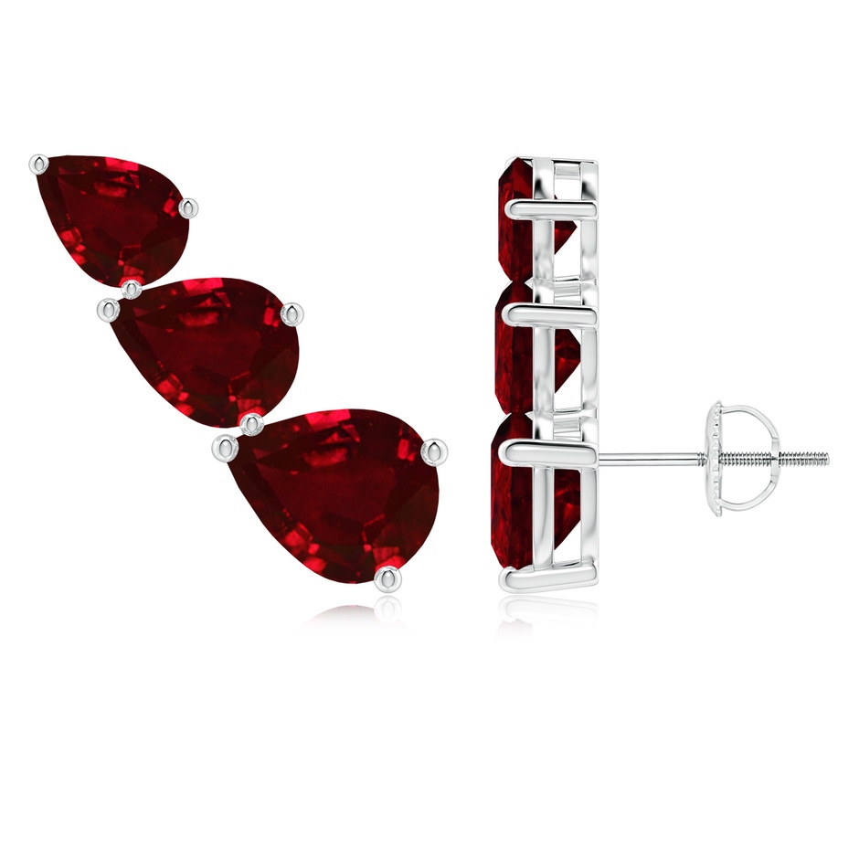 9x7mm AAAA Pear-Shaped Ruby Three Stone Climber Earrings in P950 Platinum 