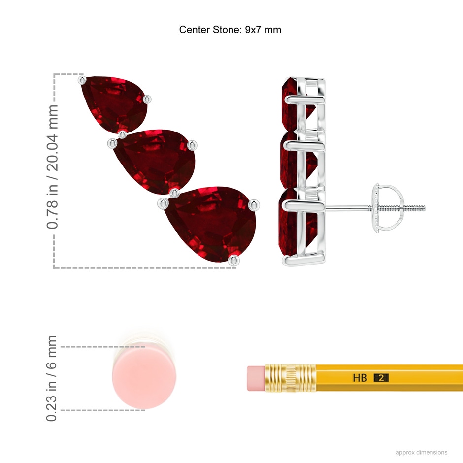 9x7mm AAAA Pear-Shaped Ruby Three Stone Climber Earrings in P950 Platinum ruler