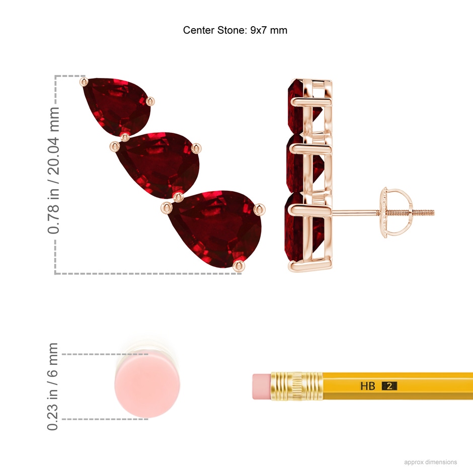 9x7mm AAAA Pear-Shaped Ruby Three Stone Climber Earrings in Rose Gold ruler