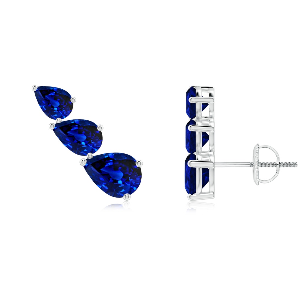 7x5mm Lab-Grown Pear-Shaped Blue Sapphire Three Stone Climber Earrings in White Gold