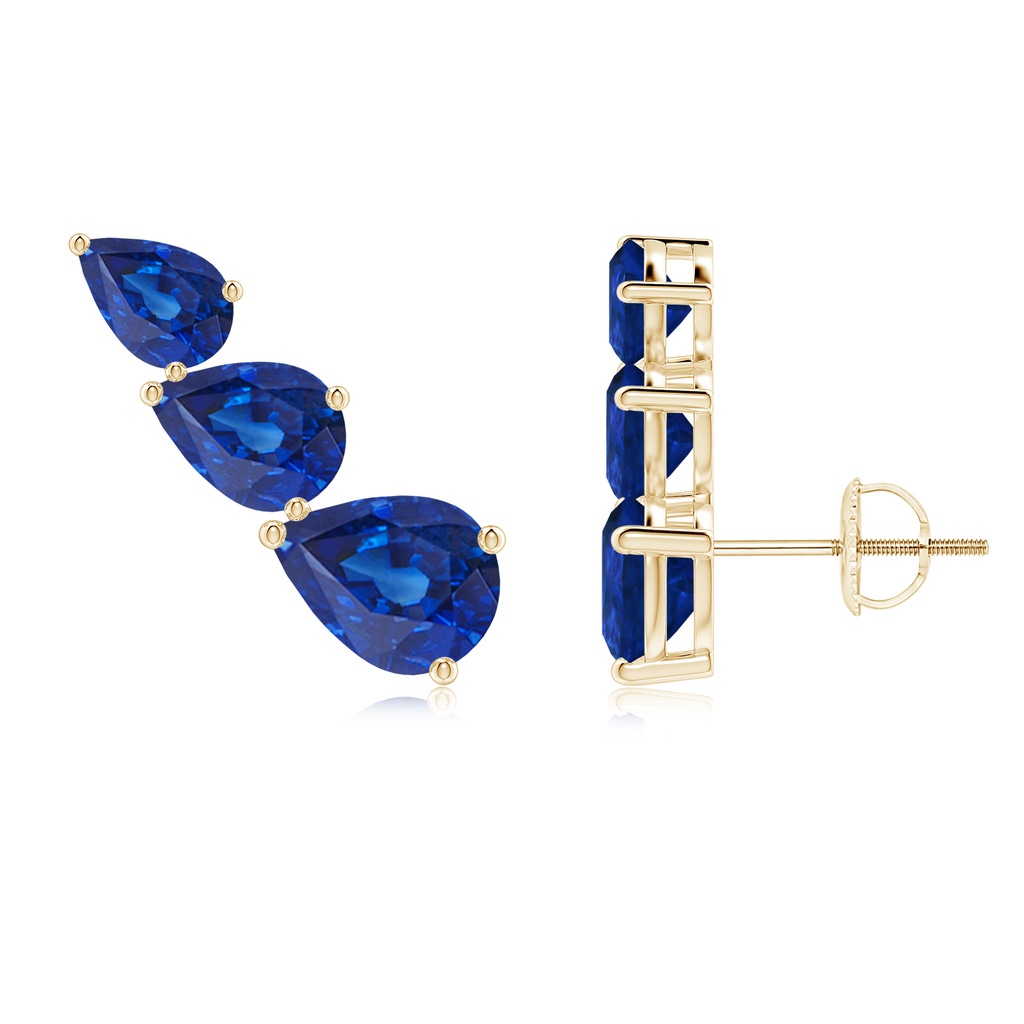 8x6mm AAA Pear-Shaped Blue Sapphire Three Stone Climber Earrings in Yellow Gold