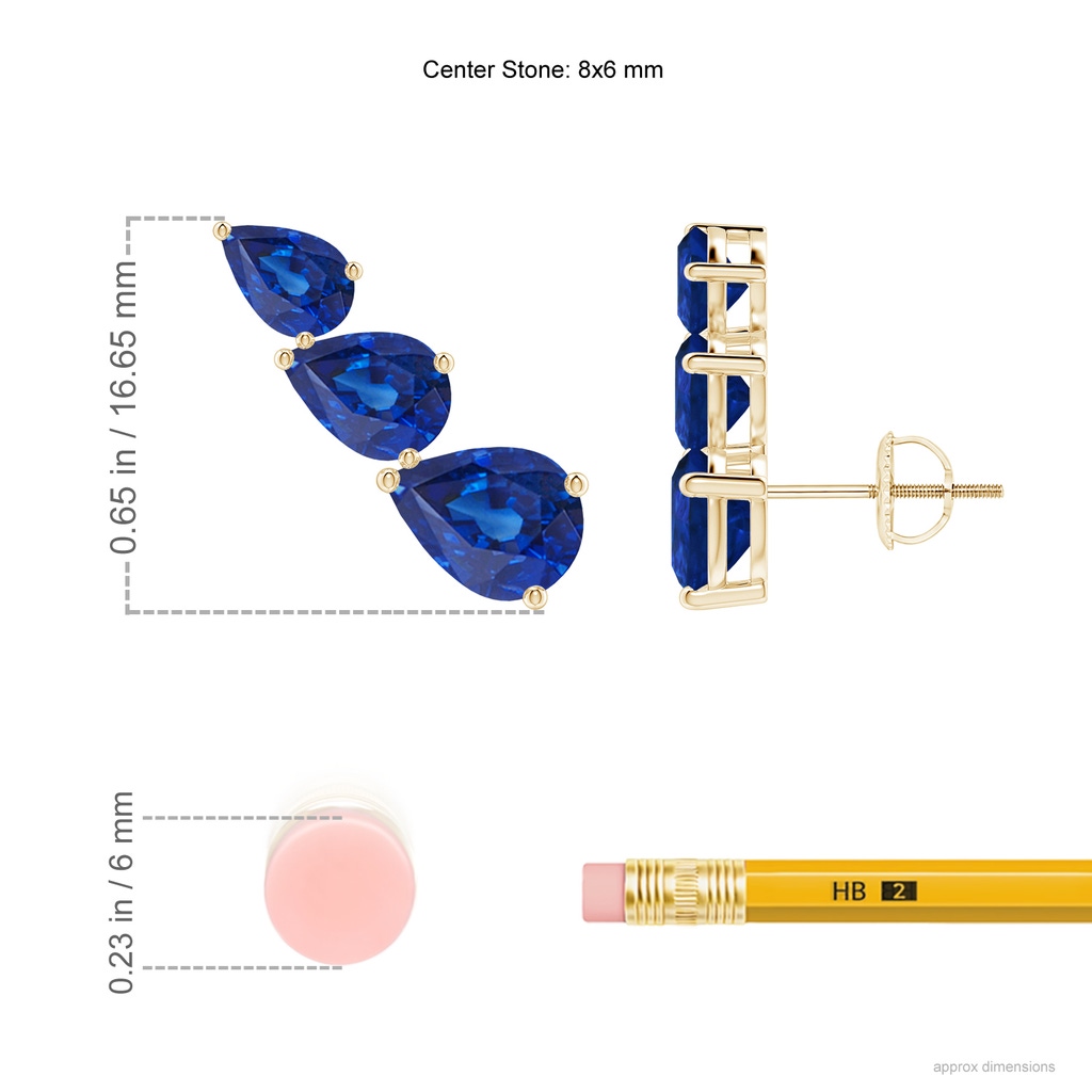 8x6mm AAA Pear-Shaped Blue Sapphire Three Stone Climber Earrings in Yellow Gold ruler