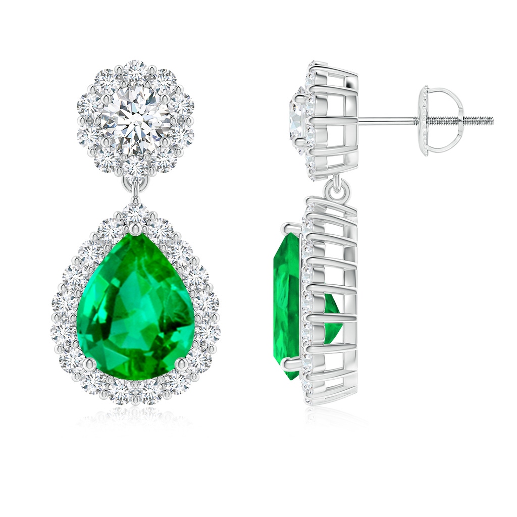10x8mm AAA Pear Emerald and Diamond Halo Drop Earrings in White Gold