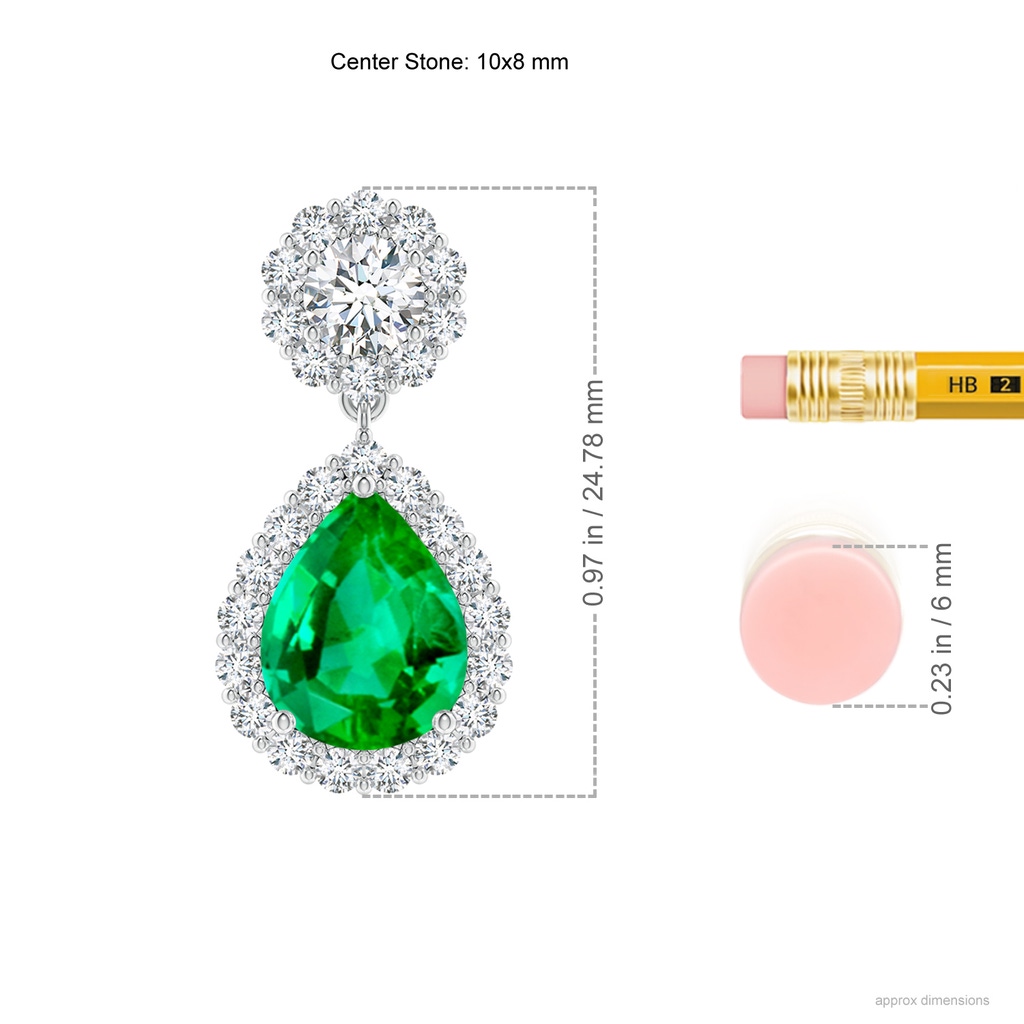 10x8mm AAA Pear Emerald and Diamond Halo Drop Earrings in White Gold ruler