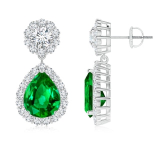 10x8mm AAAA Pear Emerald and Diamond Halo Drop Earrings in P950 Platinum