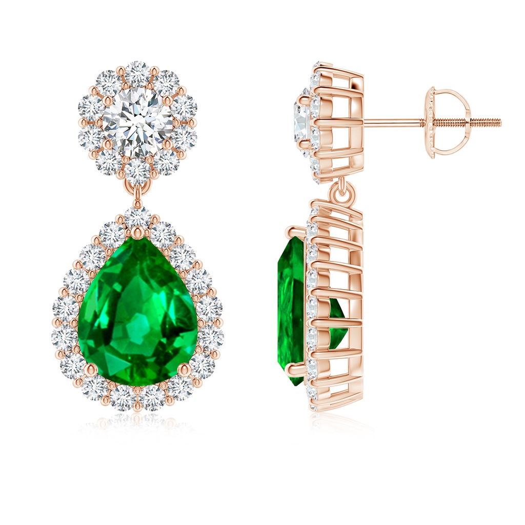 10x8mm AAAA Pear Emerald and Diamond Halo Drop Earrings in Rose Gold