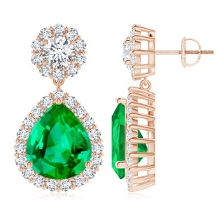 12x10mm AAA Pear Emerald and Diamond Halo Drop Earrings in Rose Gold