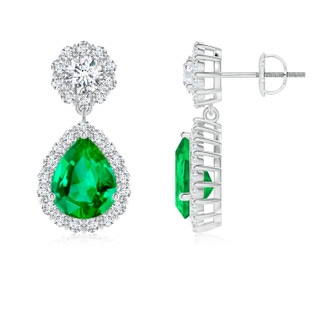 9x7mm AAA Pear Emerald and Diamond Halo Drop Earrings in P950 Platinum