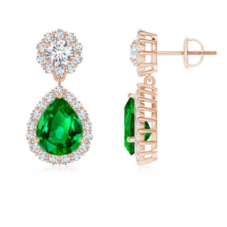 9x7mm AAAA Pear Emerald and Diamond Halo Drop Earrings in 10K Rose Gold