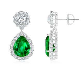 9x7mm AAAA Pear Emerald and Diamond Halo Drop Earrings in P950 Platinum