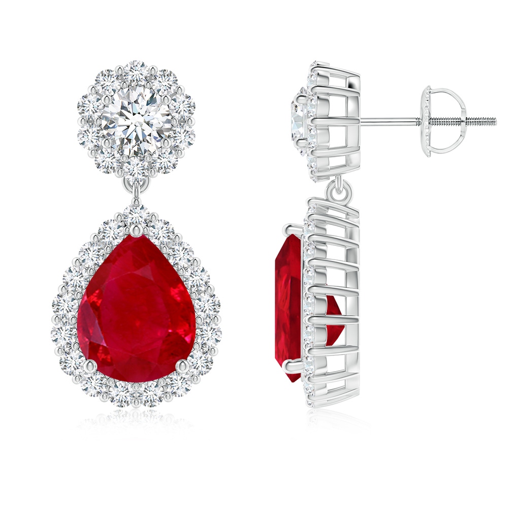 10x8mm AAA Pear Ruby and Diamond Halo Drop Earrings in White Gold