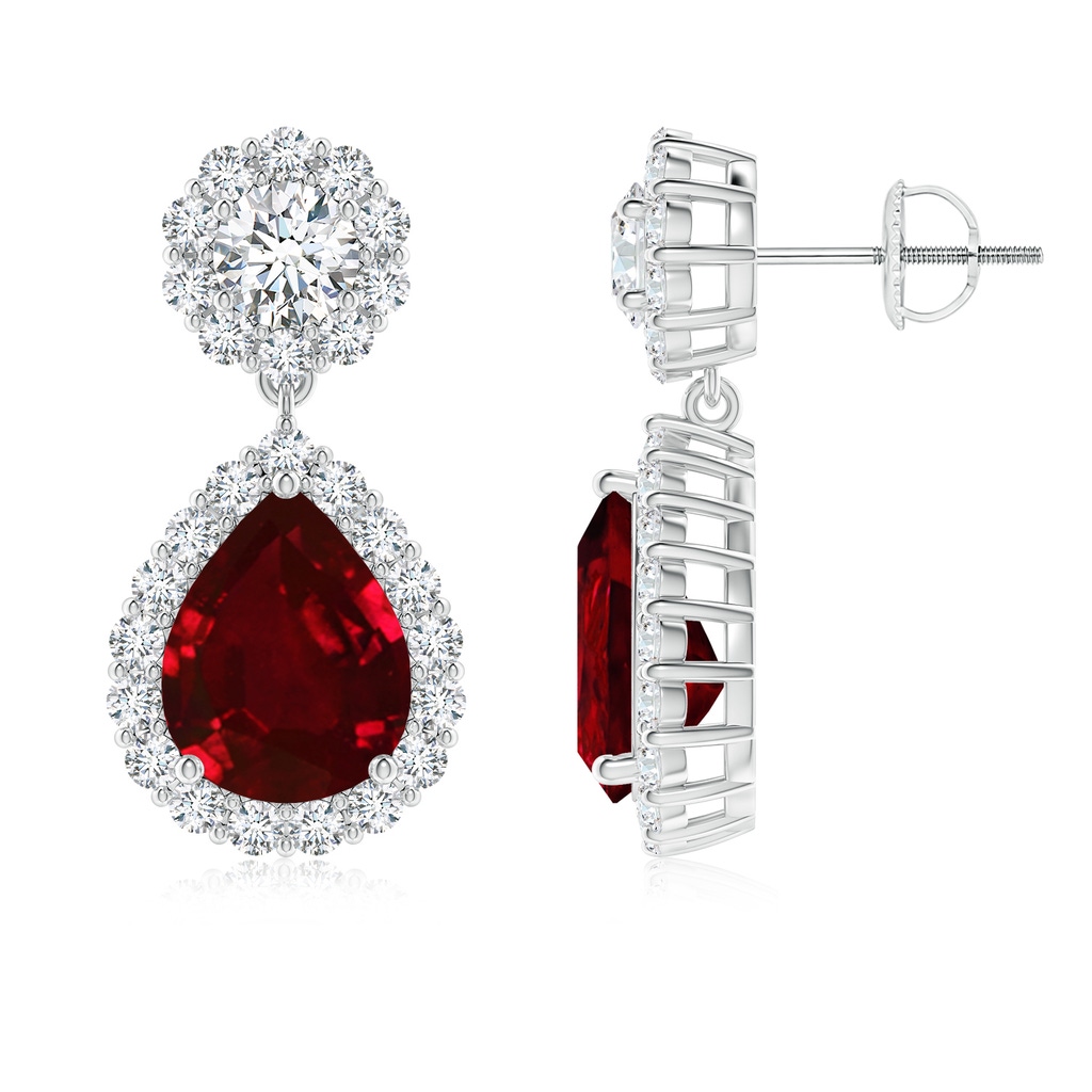 10x8mm AAAA Pear Ruby and Diamond Halo Drop Earrings in P950 Platinum