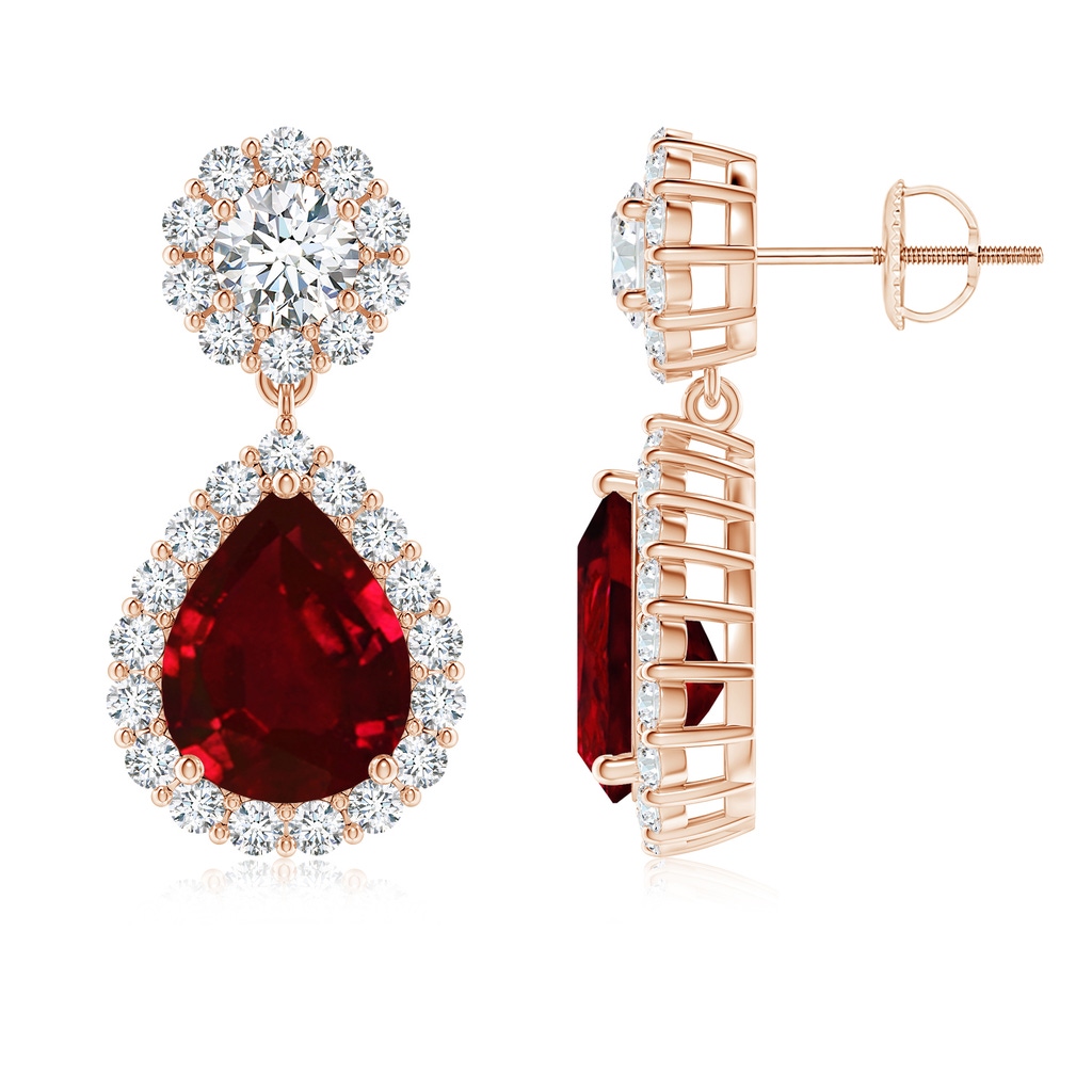 10x8mm AAAA Pear Ruby and Diamond Halo Drop Earrings in Rose Gold