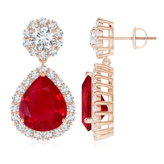 12x10mm AAA Pear Ruby and Diamond Halo Drop Earrings in 9K Rose Gold