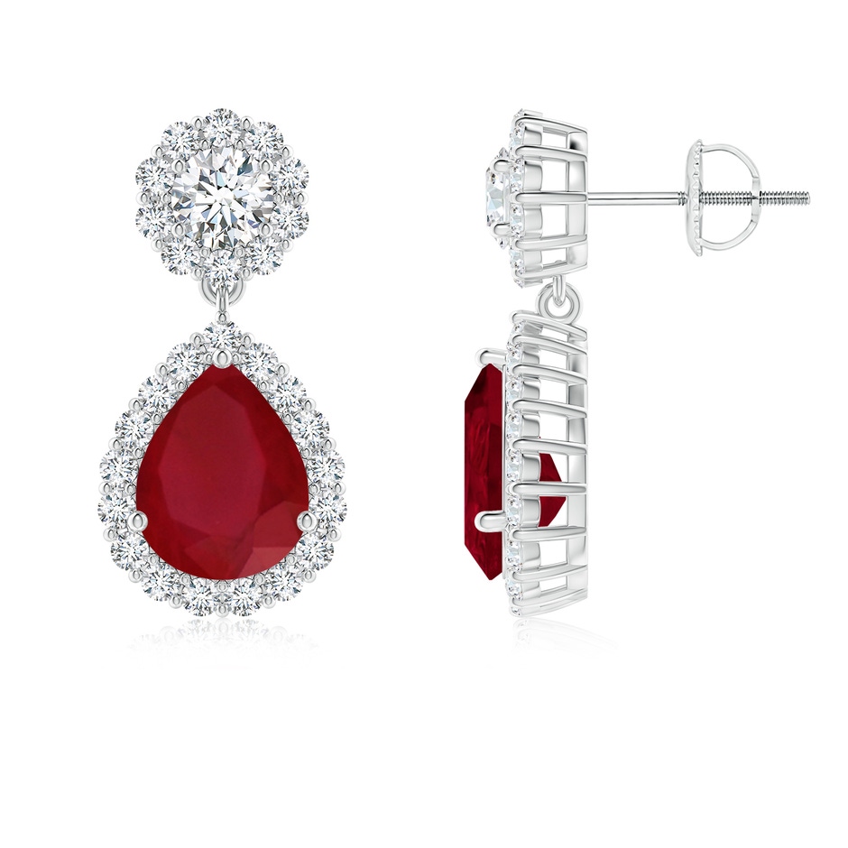 9x7mm AA Pear Ruby and Diamond Halo Drop Earrings in White Gold 