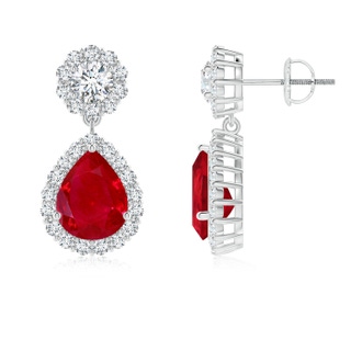 9x7mm AAA Pear Ruby and Diamond Halo Drop Earrings in P950 Platinum