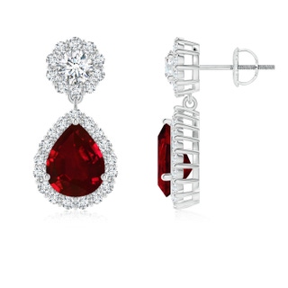 9x7mm AAAA Pear Ruby and Diamond Halo Drop Earrings in P950 Platinum