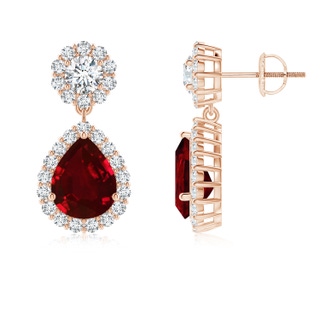 9x7mm AAAA Pear Ruby and Diamond Halo Drop Earrings in Rose Gold