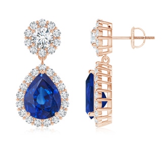 10x8mm AAA Pear Blue Sapphire and Diamond Halo Drop Earrings in Rose Gold