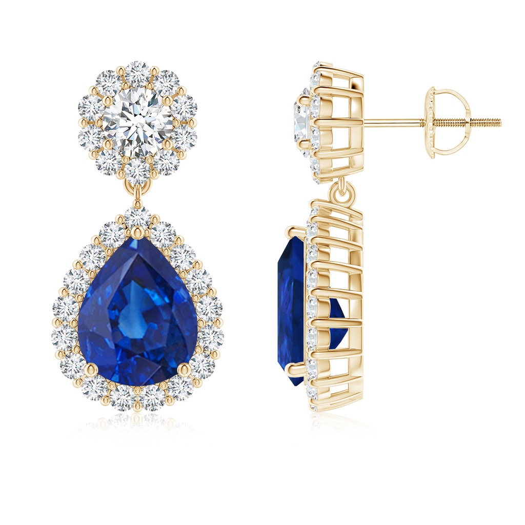 10x8mm AAA Pear Blue Sapphire and Diamond Halo Drop Earrings in Yellow Gold