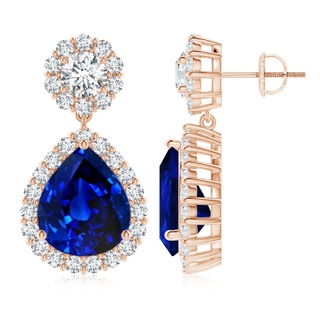 12x10mm Lab-Grown Pear Blue Sapphire and Diamond Halo Drop Earrings in 18K Rose Gold