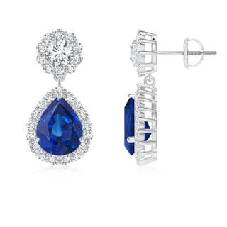 9x7mm AAA Pear Blue Sapphire and Diamond Halo Drop Earrings in White Gold