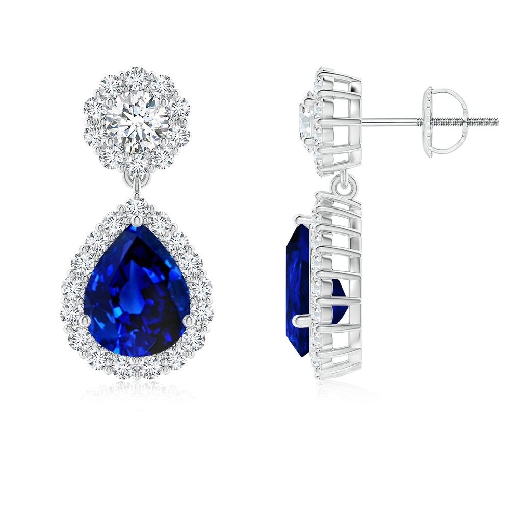 9x7mm Lab-Grown Pear Blue Sapphire and Diamond Halo Drop Earrings in 18K White Gold