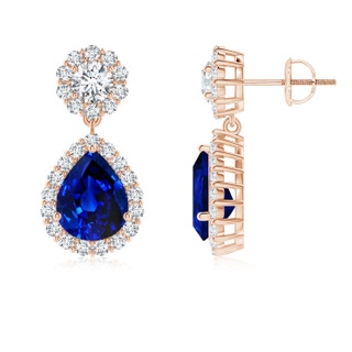 9x7mm AAAA Pear Blue Sapphire and Diamond Halo Drop Earrings in Rose Gold