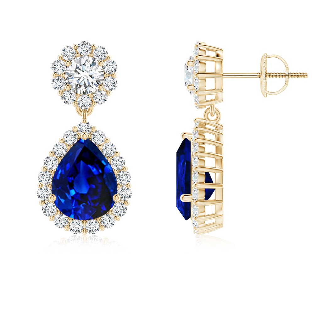 9x7mm Lab-Grown Pear Blue Sapphire and Diamond Halo Drop Earrings in Yellow Gold