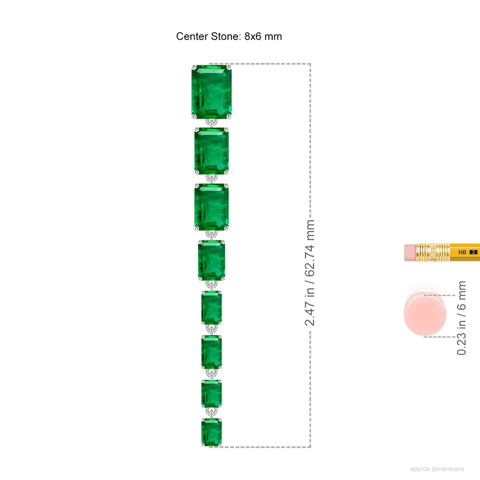 8x6mm AAA Graduated Emerald-Cut Emerald Long Dangle Earrings in White Gold ruler
