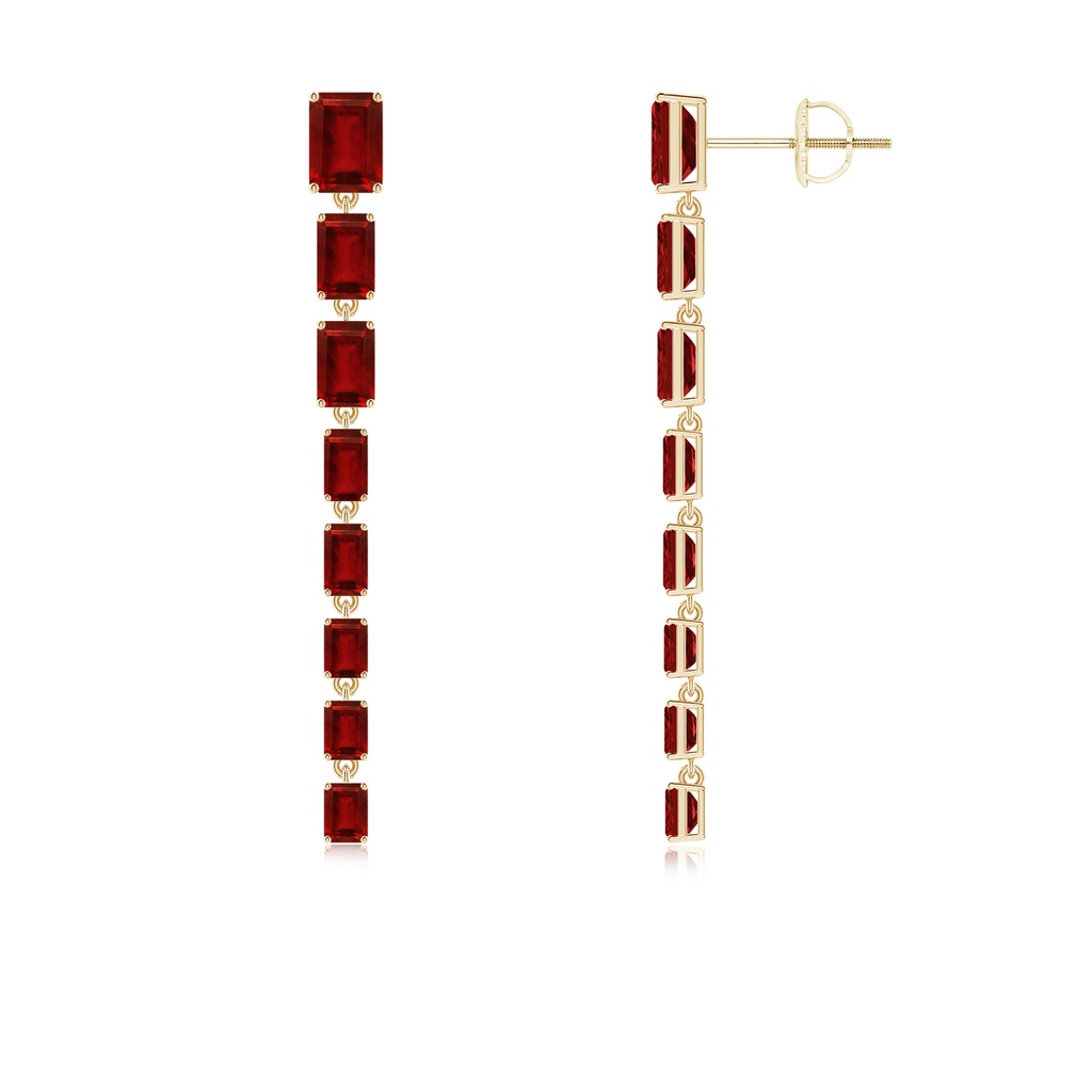 7x5mm AAAA Graduated Emerald-Cut Ruby Long Dangle Earrings in Yellow Gold