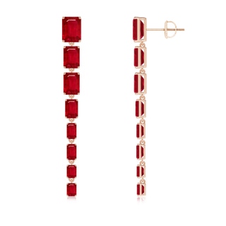 8x6mm AAA Graduated Emerald-Cut Ruby Long Dangle Earrings in 10K Rose Gold