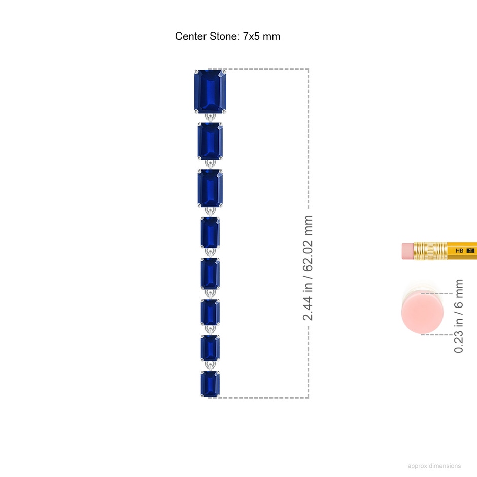 7x5mm Lab-Grown Graduated Emerald-Cut Blue Sapphire Long Dangle Earrings in White Gold ruler