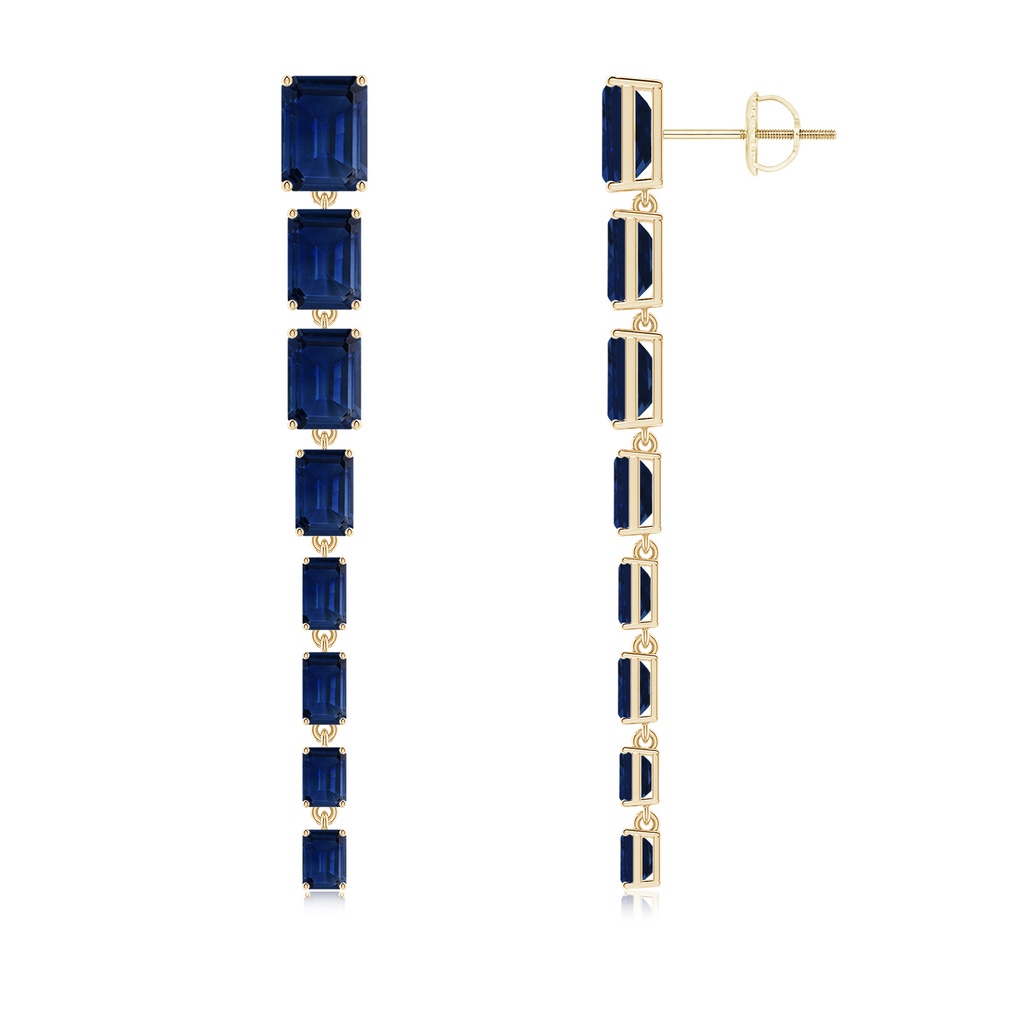 8x6mm AAA Graduated Emerald-Cut Blue Sapphire Long Dangle Earrings in Yellow Gold 